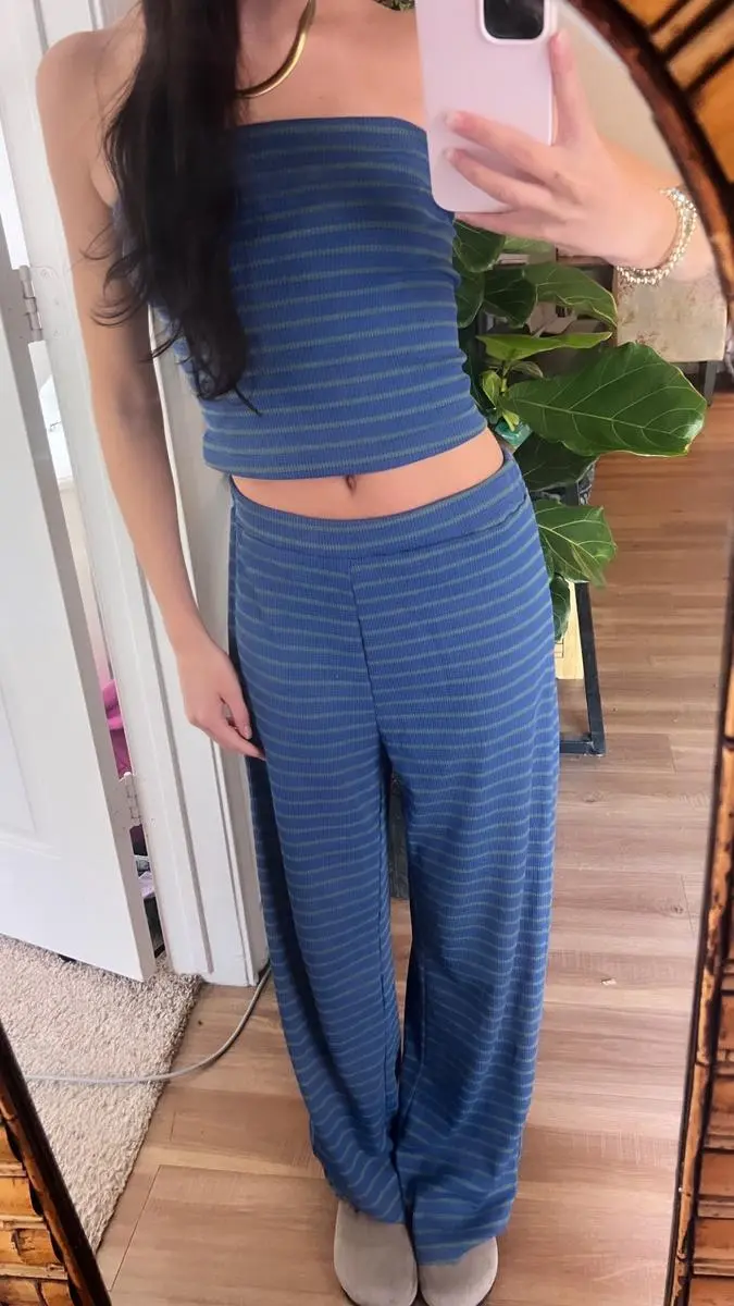 Women's Striped Print Crop Tube Top & Wide Leg Pants Set