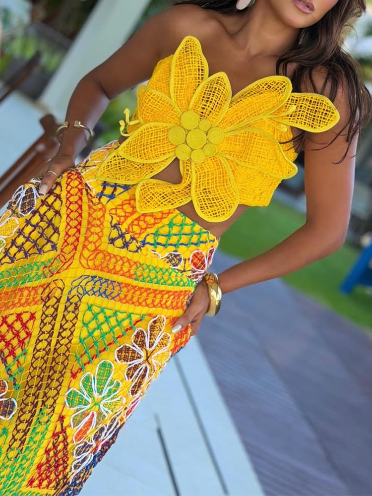 Women Strapless Floral Top + Skirt Resort Casual Style Set