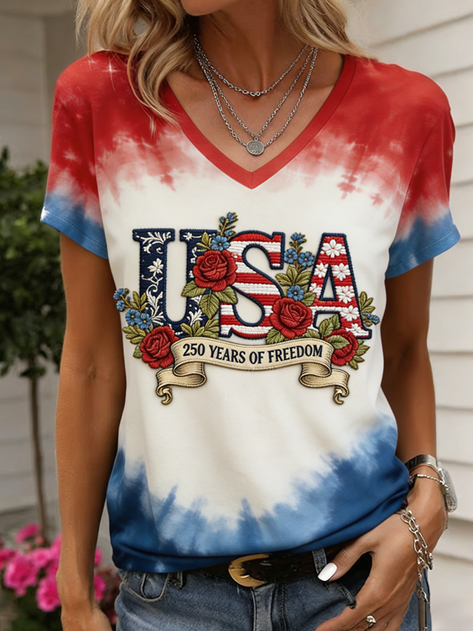 Women's Tie Dye USA Embroidered 250th Anniversary V-Neck T-Shirt