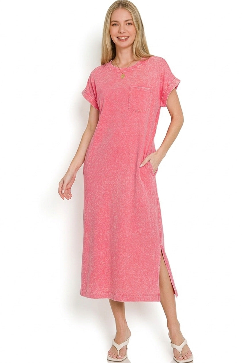 Zenana Washed Exposed Seam Short Sleeve T-Shirt Dress