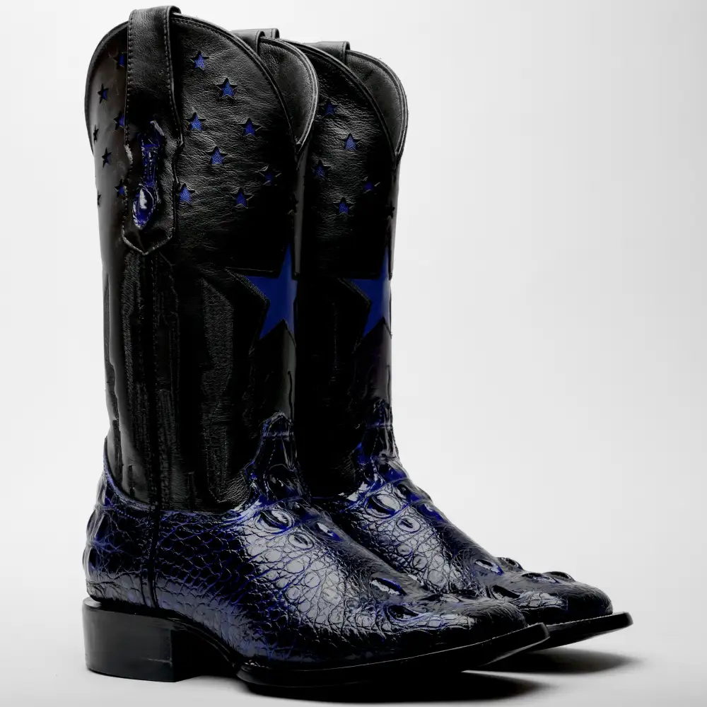 Royal Blue Giant Caiman Hornback Leather Boots - Square Toe