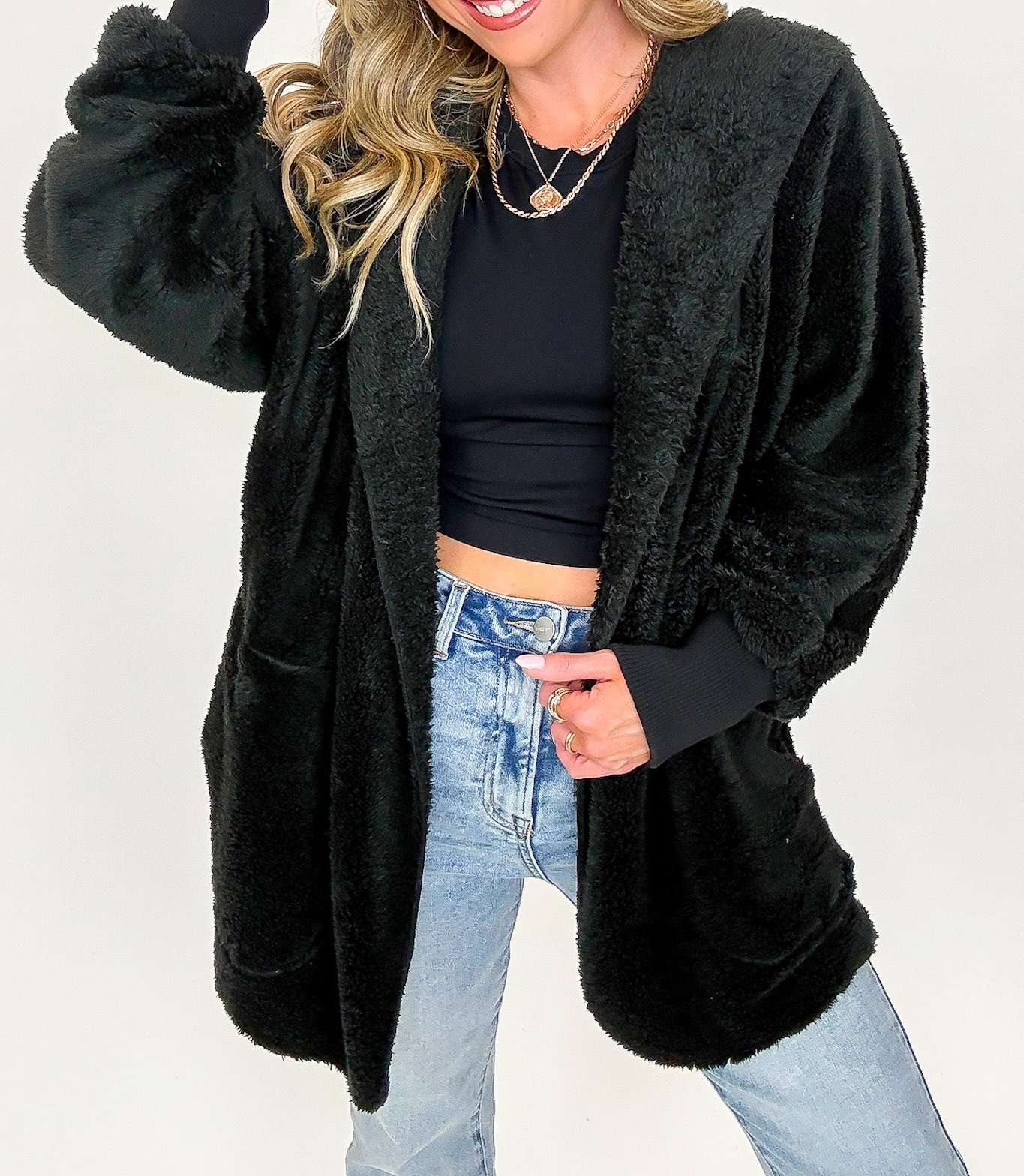 Cozy Crest Hooded Faux Fur Jacket