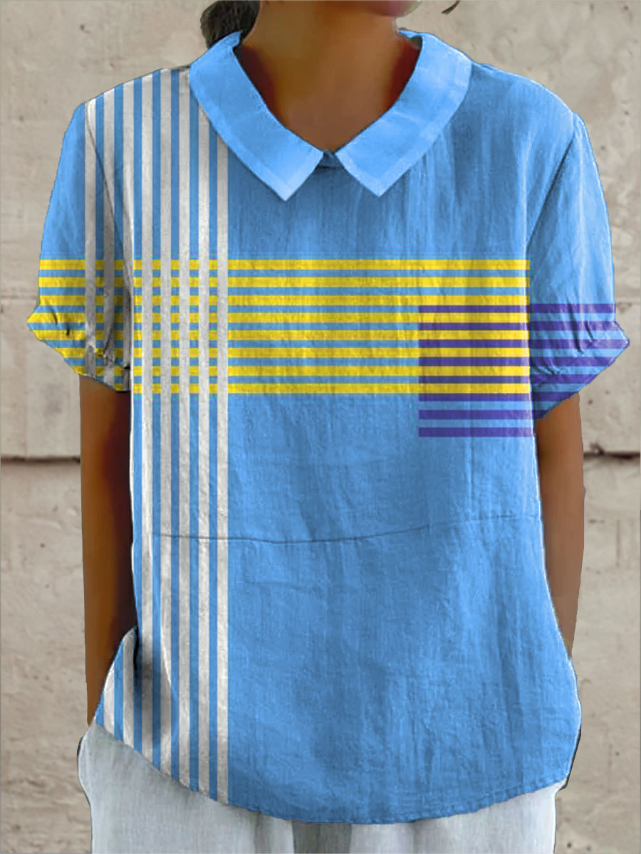 Women's Colorful Abstract Geometric Stripes Art Print Casual Cotton And Linen 3/4 Sleeve Shirt