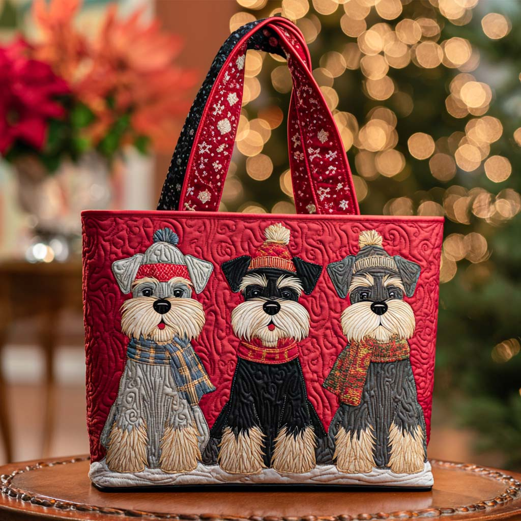Winter Schnauzer Quilted Tote Bag – Festive 3D Embroidered Holiday Art