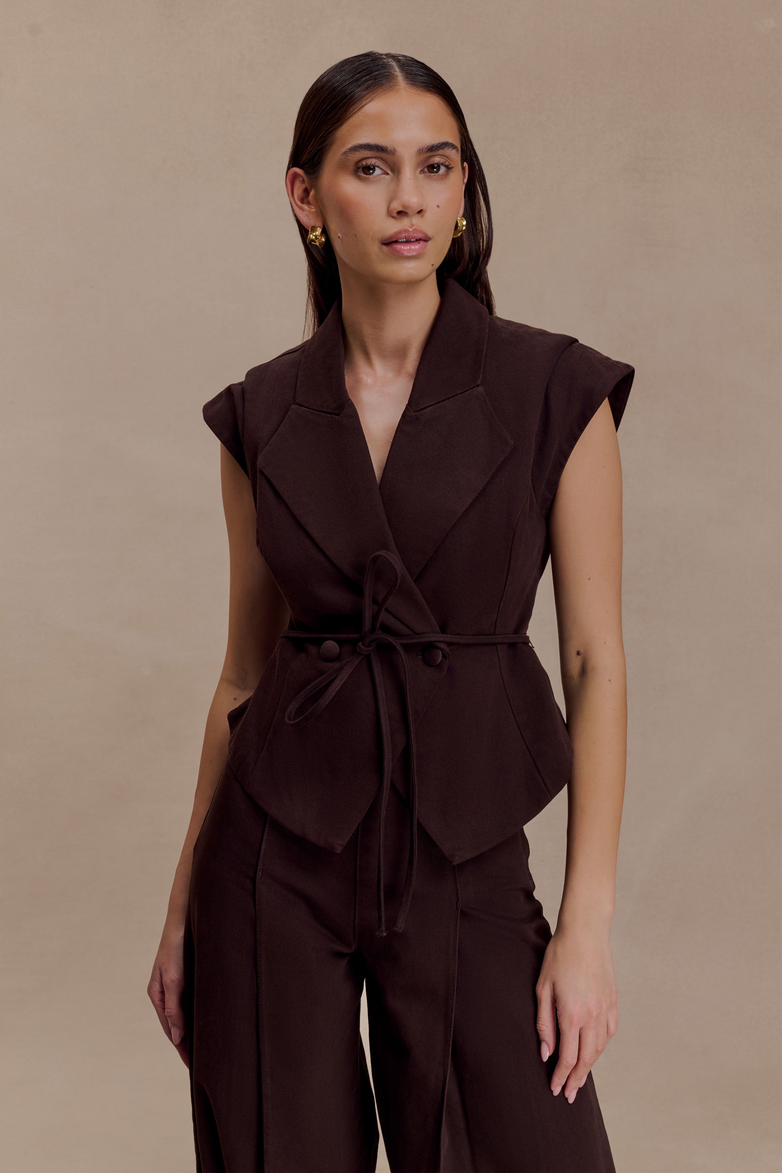 Chocolate Structured Tie Denim Top