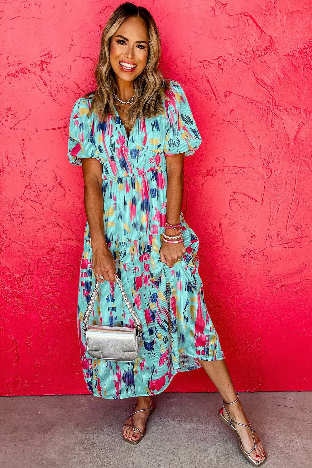 Rose Abstract Print Short Puff Sleeve Tiered Maxi Dress