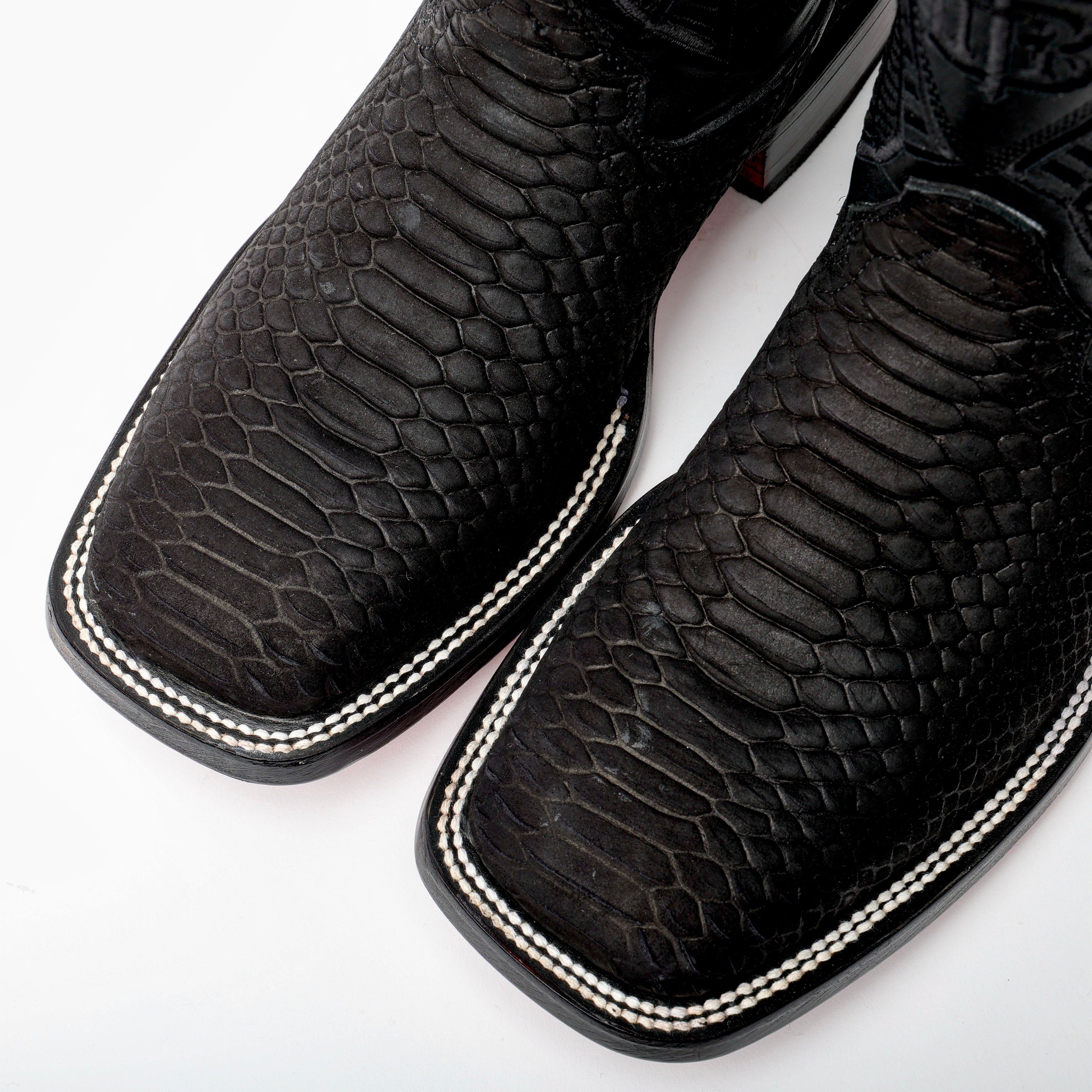 Matte Black Python Leather Boots - Square Toe