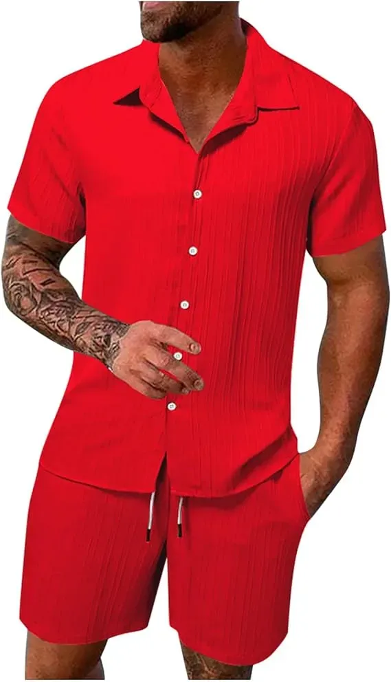 Men'S Solid Textured Short Sleeve Button Front Shirt & Pocket Drawstring Waist Shorts Two-Piece Set, Casual Summer Outfits Clothes Set For Men, Sets For Men Clothing, Menswear,  Summer Outfits Set