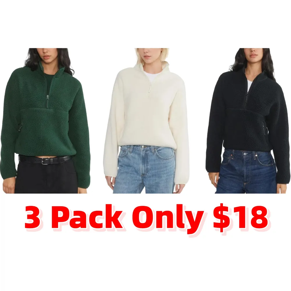 Women’s Fleece Cropped Pullover – Half Zip Sherpa Jacket with Pockets