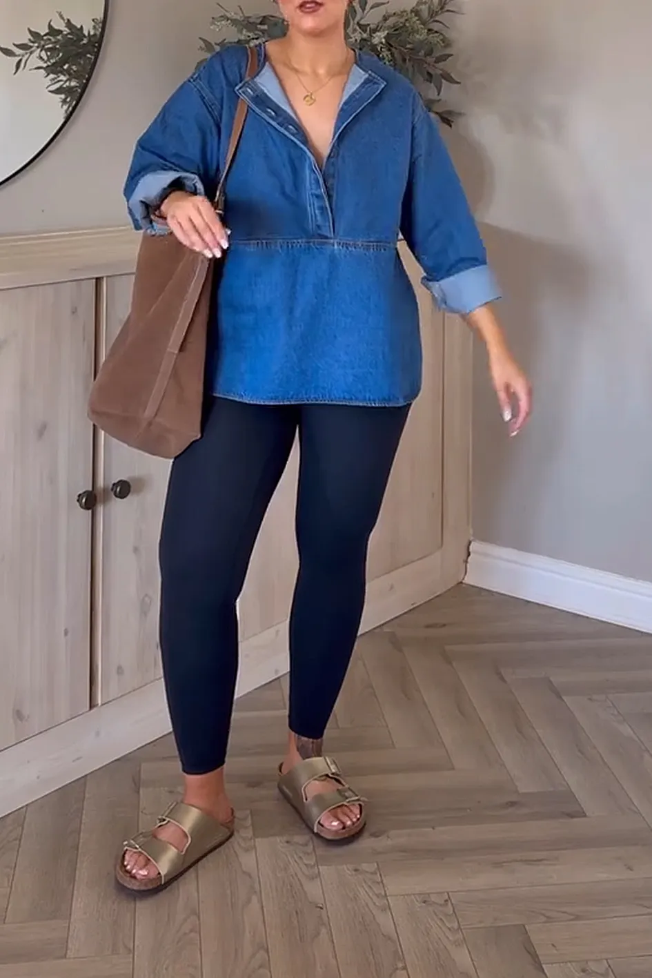 Denim Top And Yoga Pants And Striped Trousers