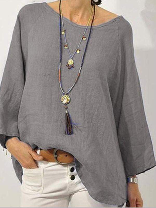 Women's Solid Color Cotton Linen Round Neck with Rotator Sleeve Nine-quarter Sleeve Shirt