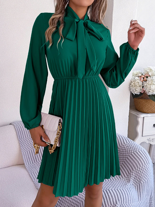 Autumn And Winter Tie Waist Long Sleeve Pleated Skirt
