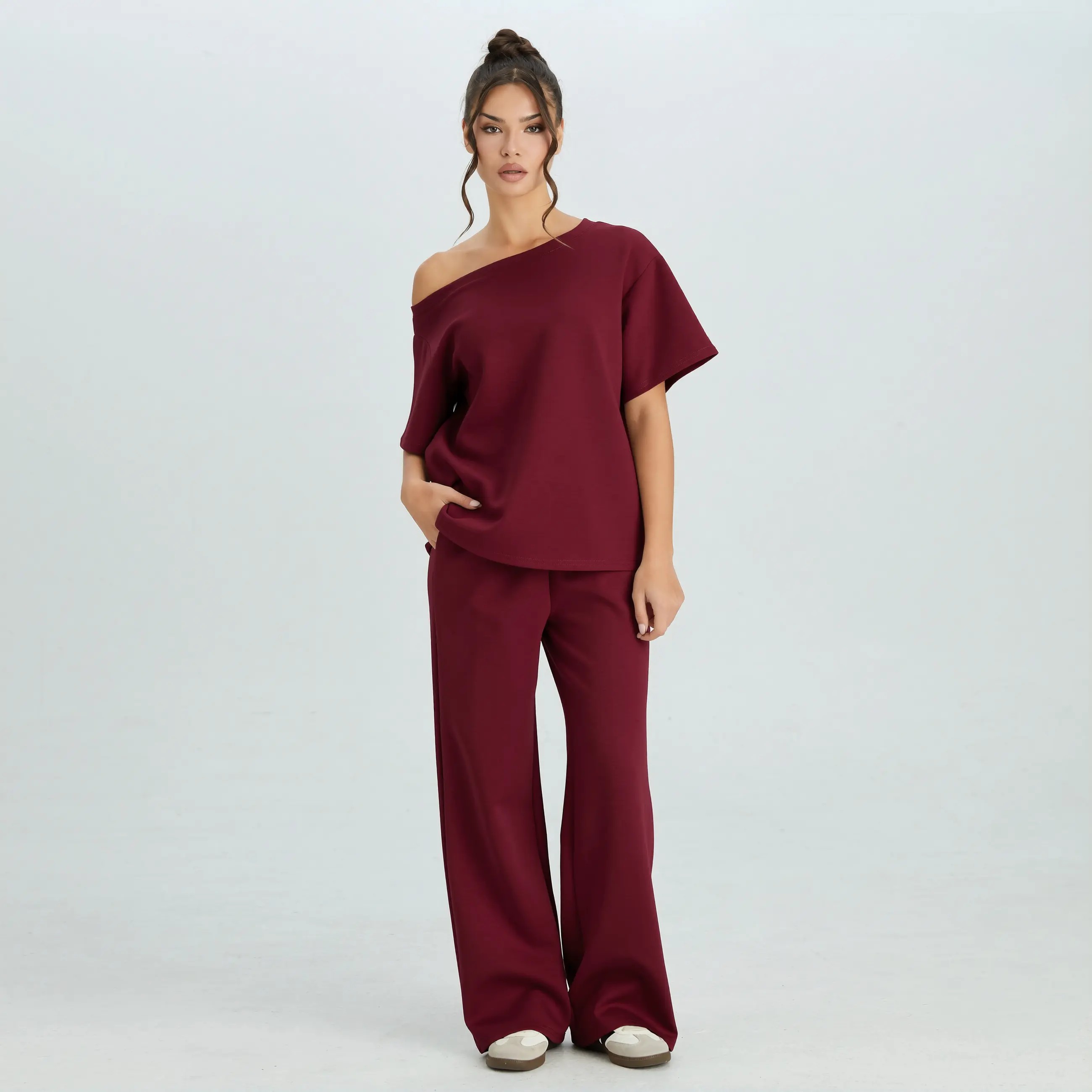 🔥Easter Sale!Women's Leisure Solid Color Sloping Shoulder Short Sleeve Top & Drawstring Waist Wide Leg Trousers Co-ord