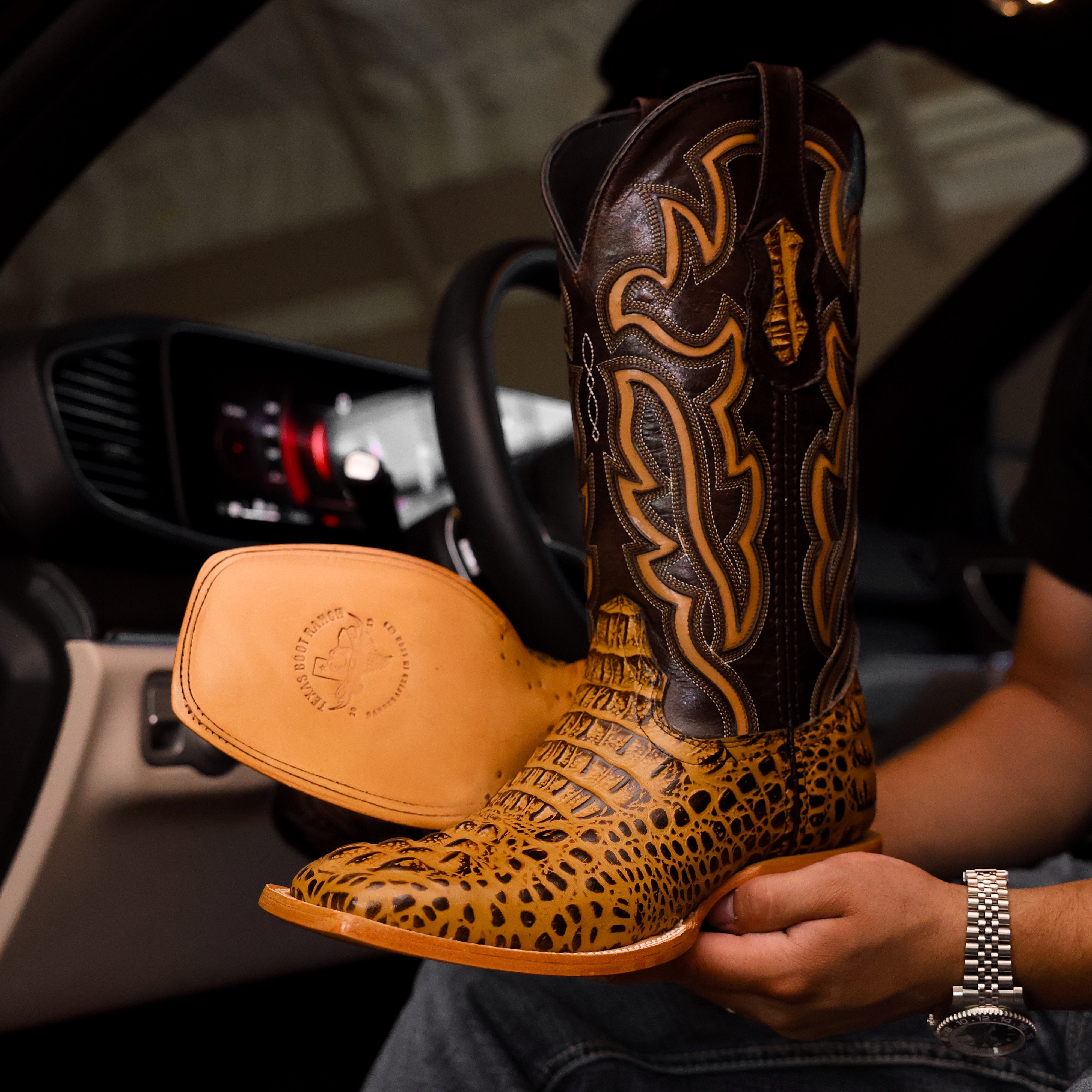 Honey Caiman Neck Leather Boots - Square Toe