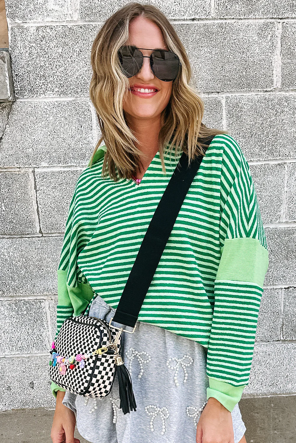 Stripe Turn-Down V Neck Patchwork Loose Top