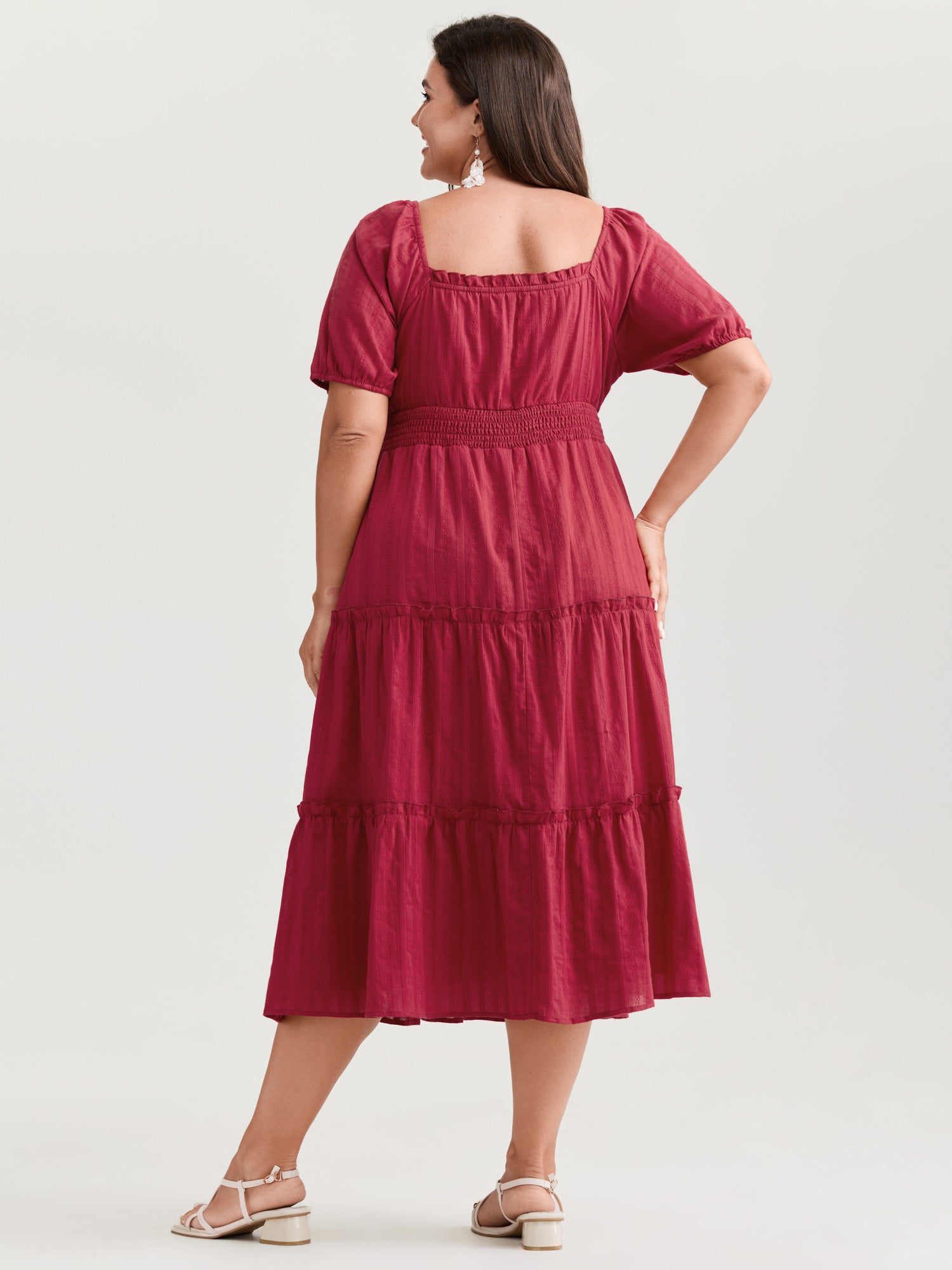 Cotton Textured Cinched-Waist Tiered Midi Dress