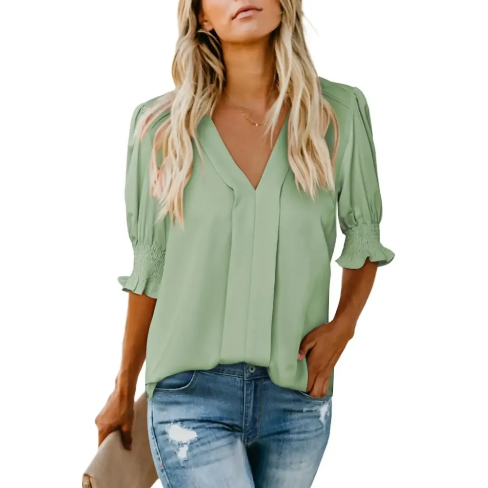 Womens Graphic Solid V Neck T Shirts Tops Casual Ruffle Short Sleeve Blouses Boho Floral