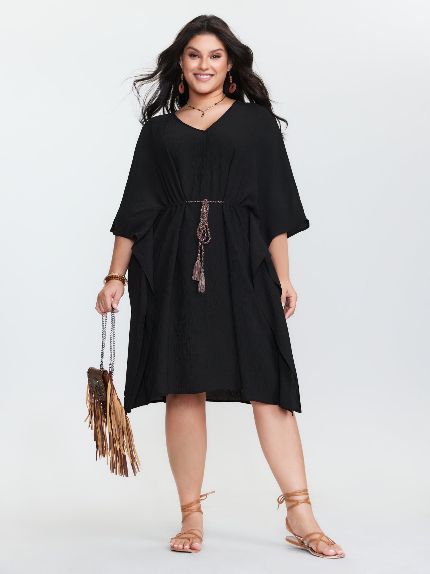Dolman Sleeve Colorful Drawstring Waist Mini Dress
