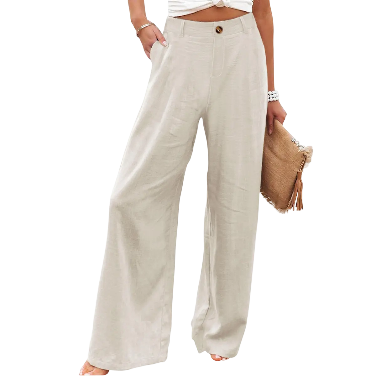 Kingapril Womens Cotton Linen Pants Casual Button Up High Waisted Wide Leg Trousers