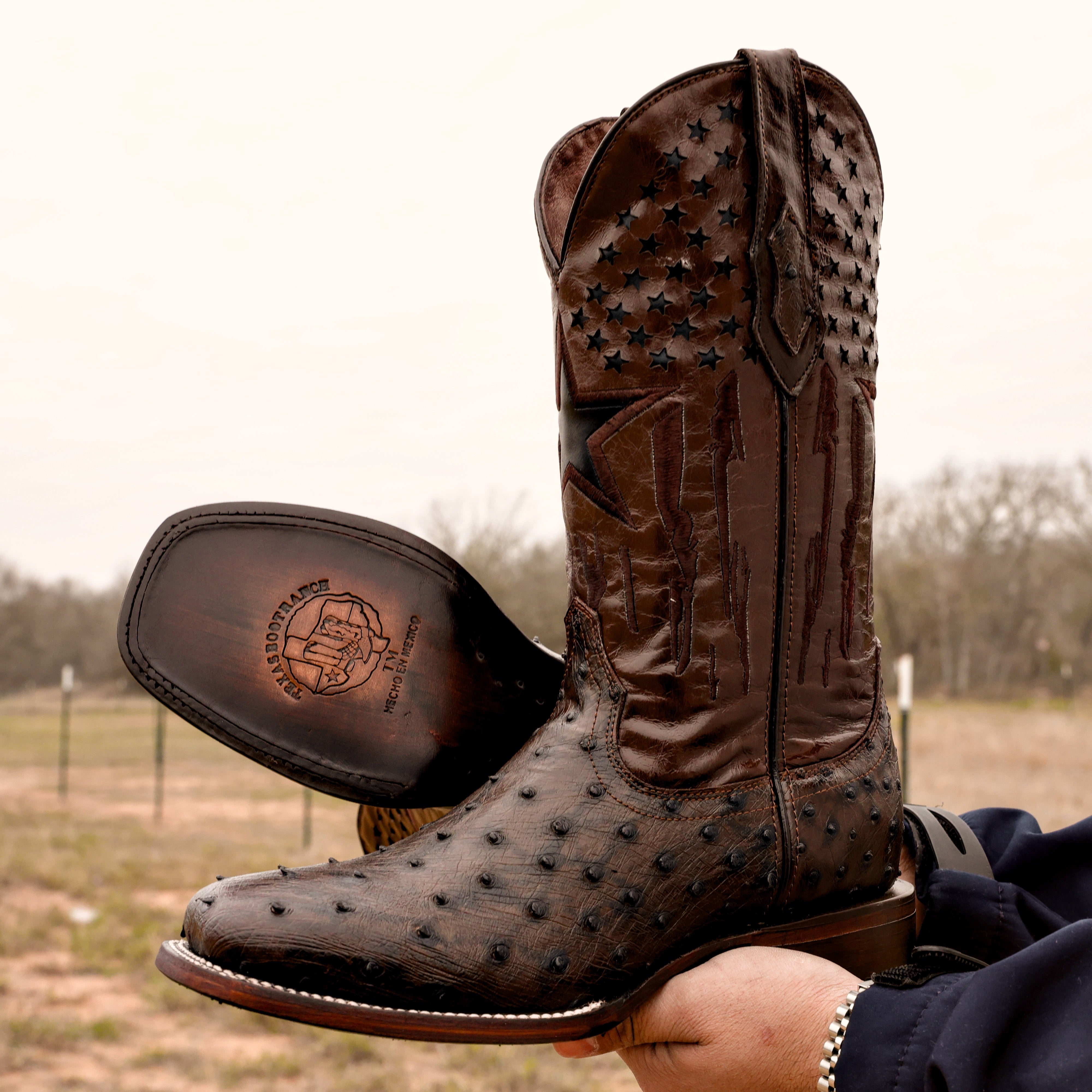 Chocolate Brown Ostrich Leather Boots - Square Toe