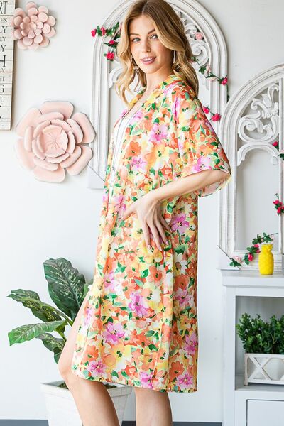 Full Size Half Sleeve Multi Color Floral Open Cardigan