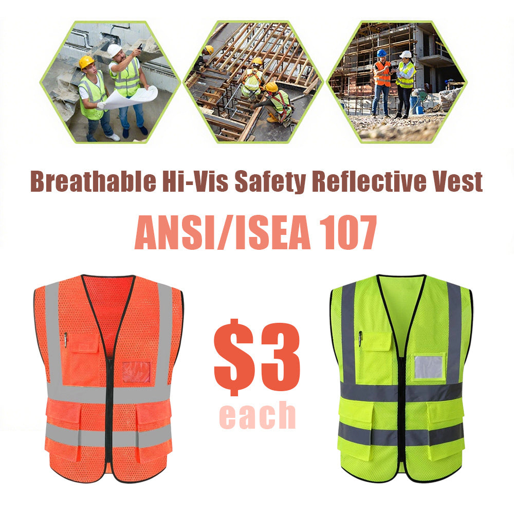 Breathable Hi-Vis Mesh Safety Vest with Zipper & Pockets, Meets ANSI/ISEA Standards