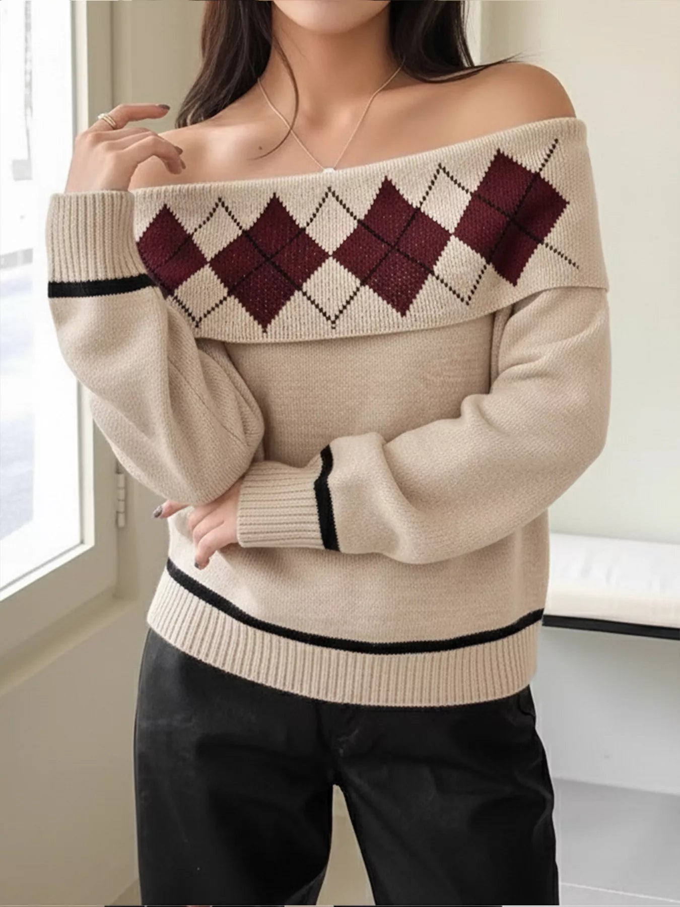 Off-Shoulder Argyle Pattern Sweater
