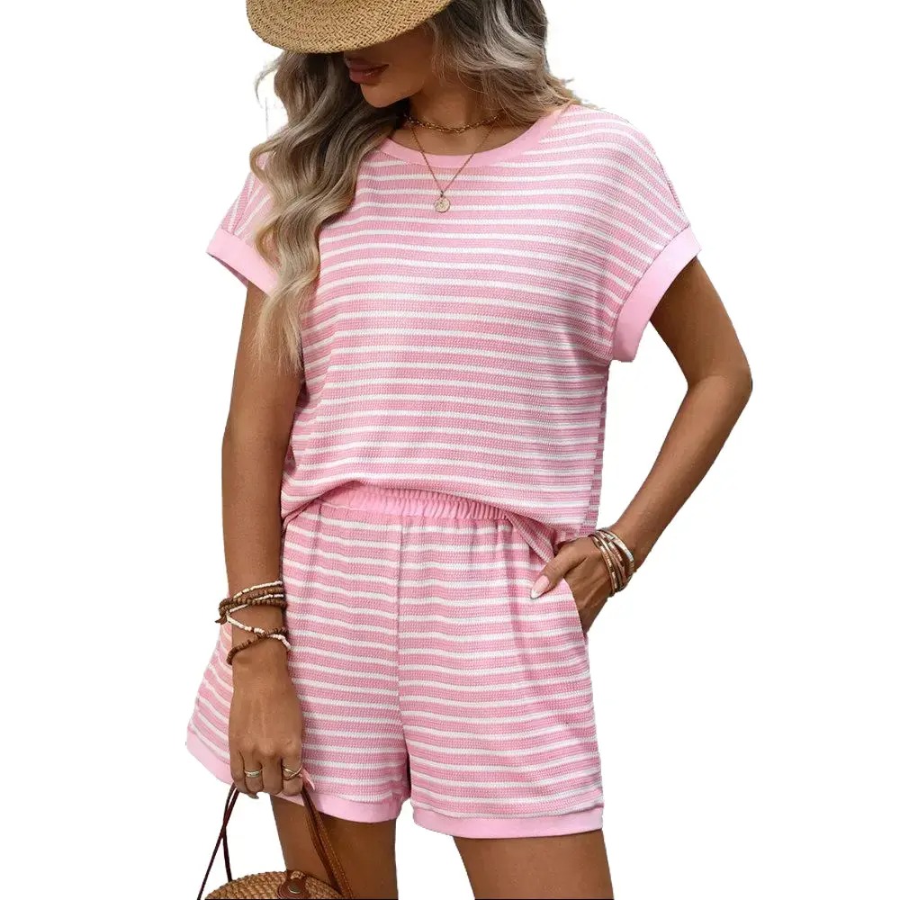 Women’s Pink Striped Knit Lounge Set – Casual Short Sleeve Tee & Shorts 2-Piece Outfit