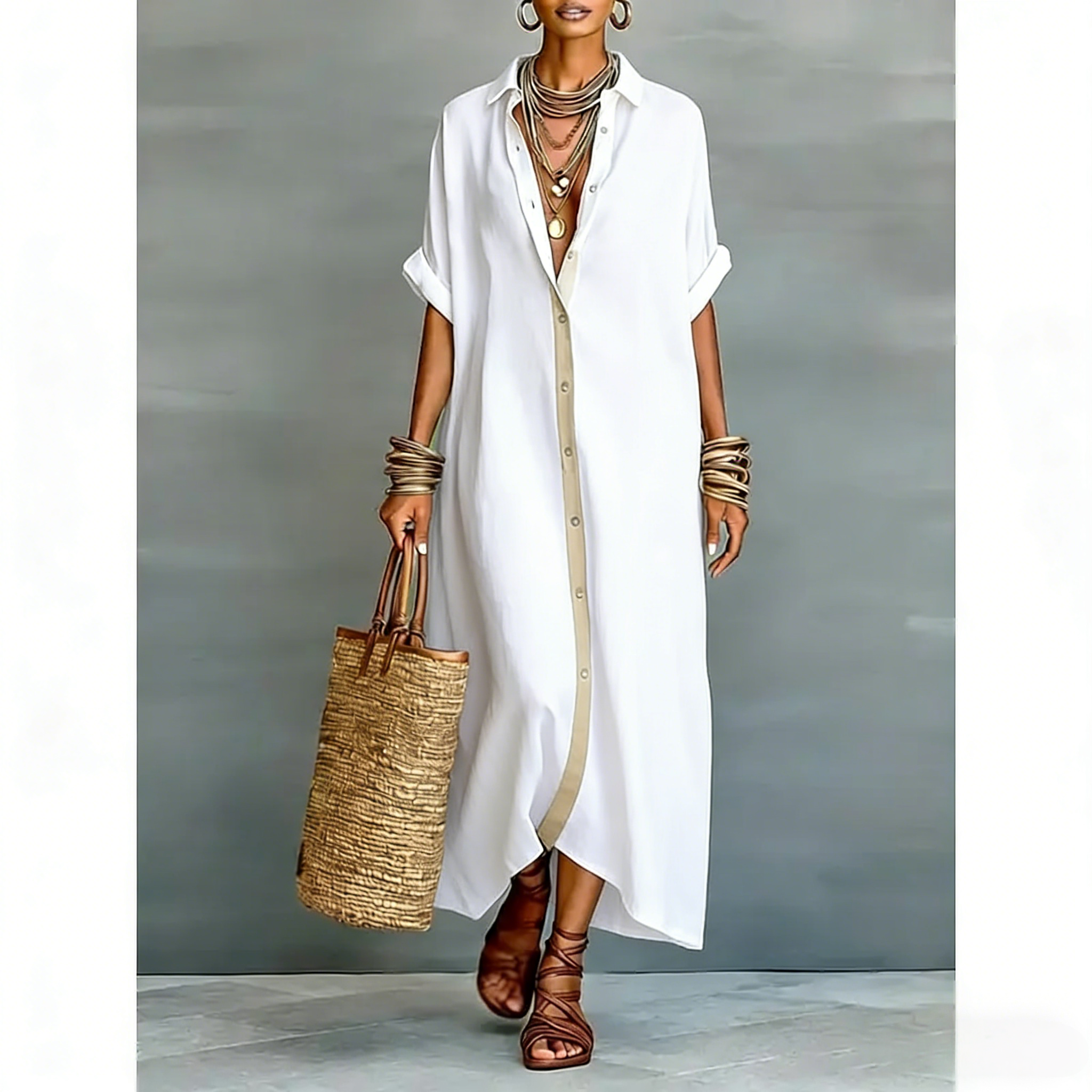 Boho Oversized Shirt Dress - Perfect for Beach, Vacation & Brunch! Contrast Trim Button Down Casual Loose Dress