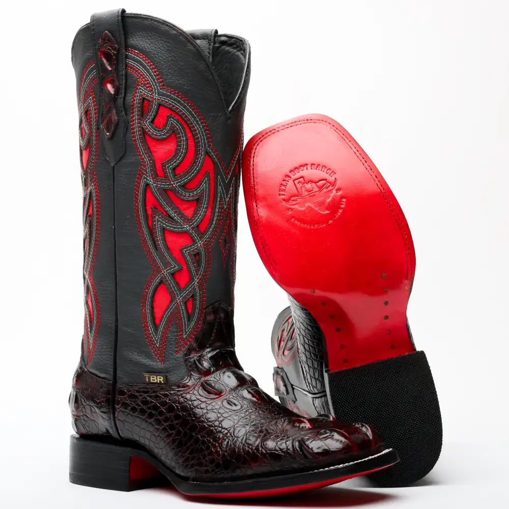 Black Cherry Giant Caiman Neck Leather Boots - Square Toe