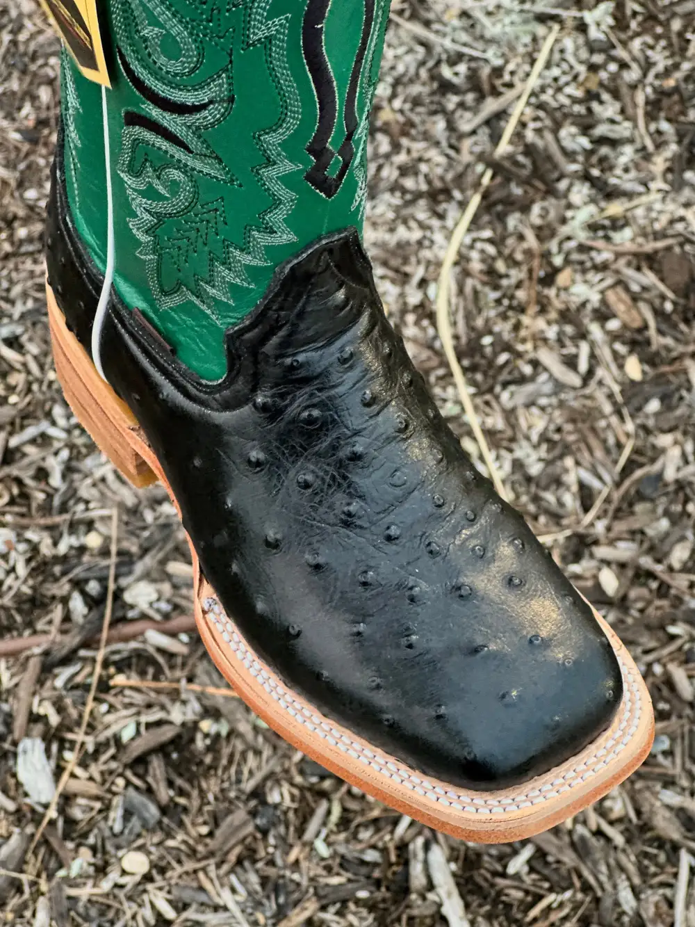 Mens Black Ostrich Leather Boots With Green Shaft