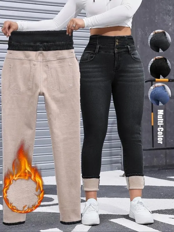 Women's High Elasticity Fleece Lined Thick Denim Jeans