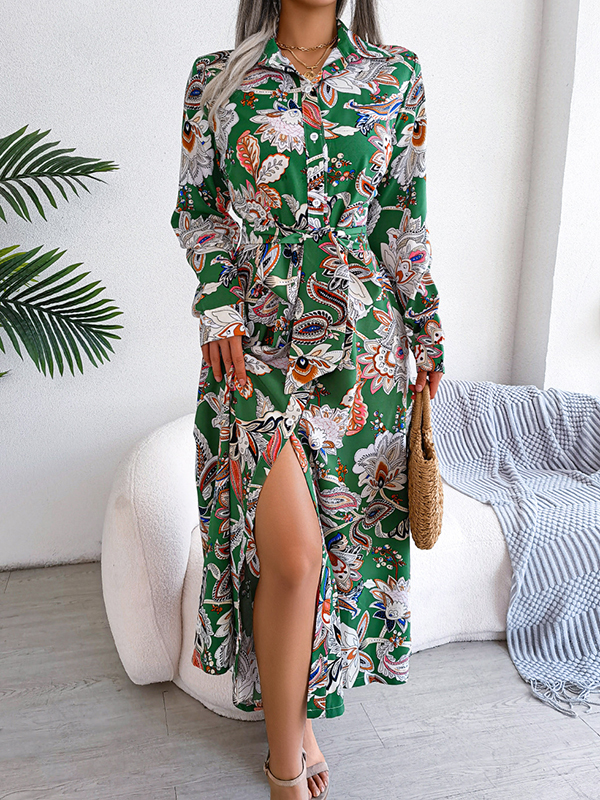 Buttoned Flower Print Tied Waist Long Sleeves Lapel Maxi Dresses