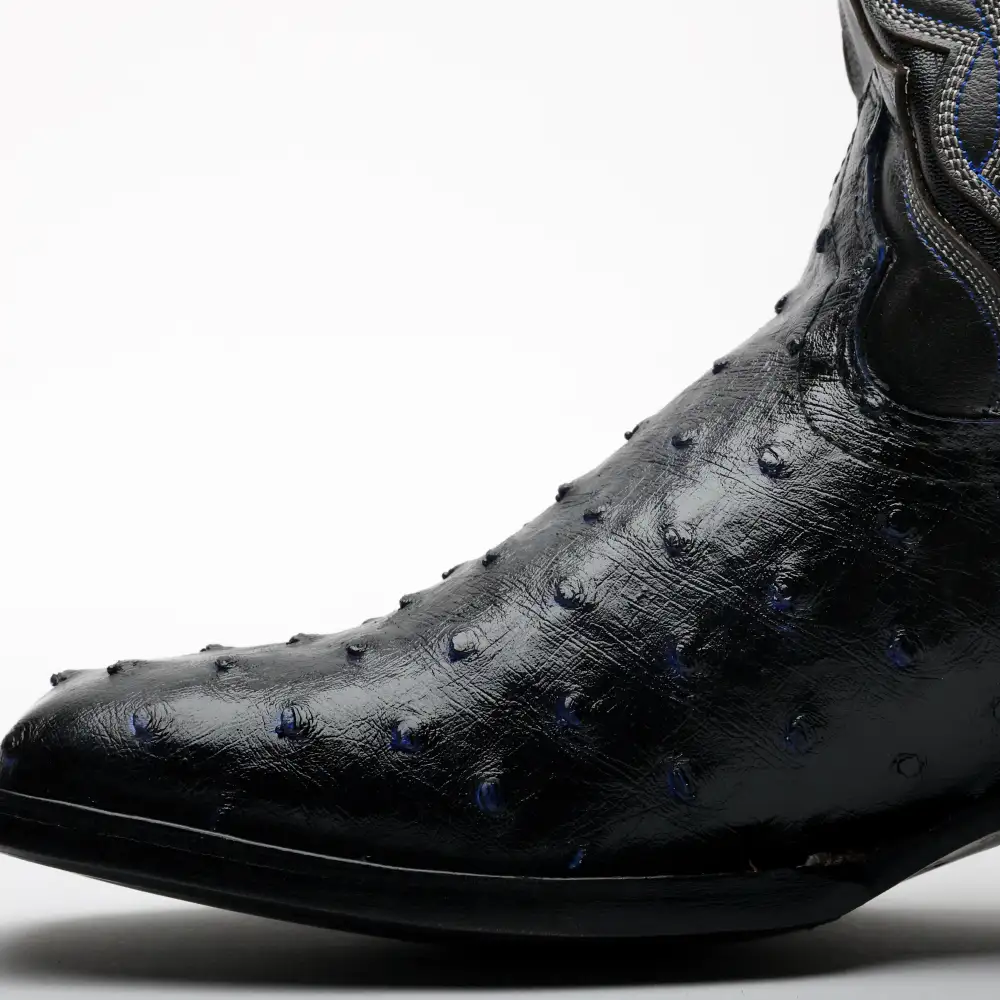 Black/Blue Ostrich Leather Boots - Square Toe