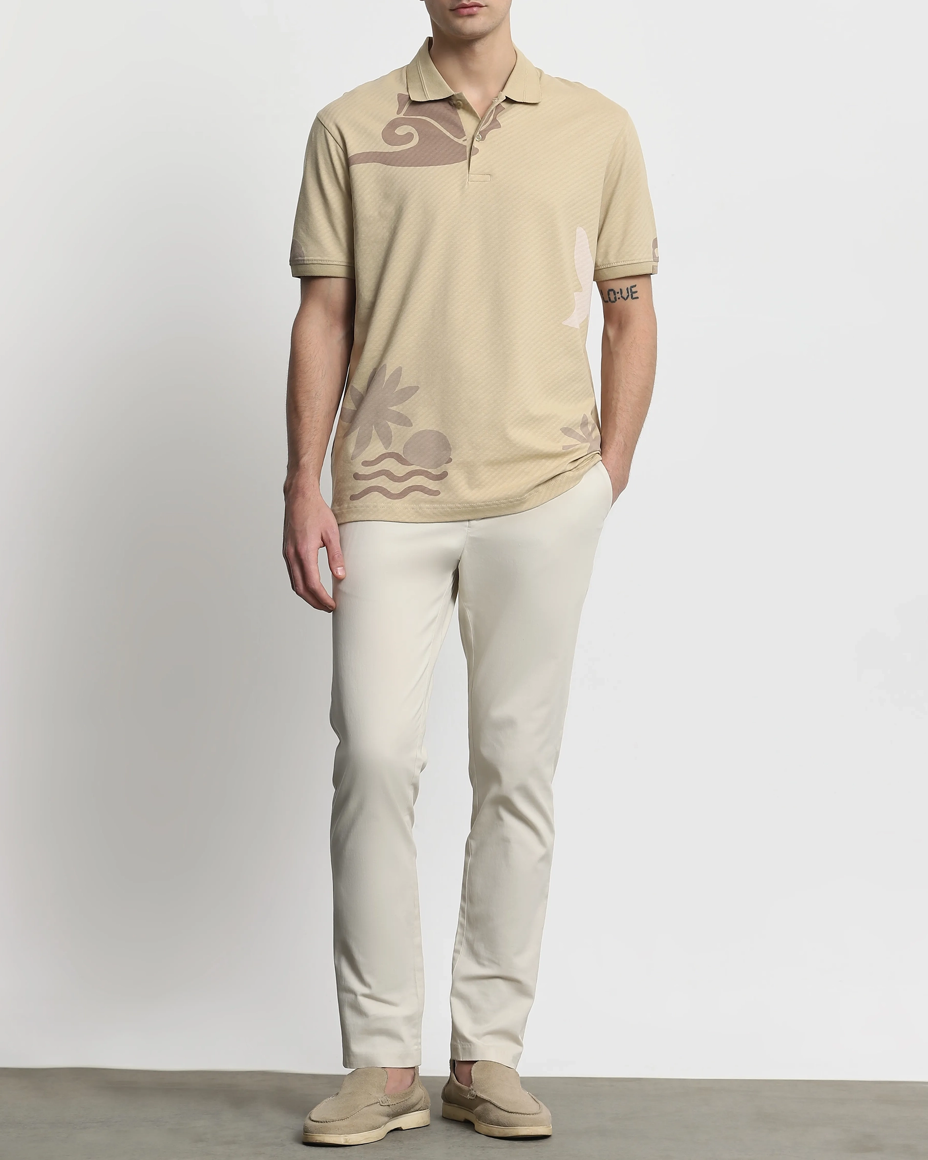 Daily Simple Soft  Beige Brocade Texture Polo Shirt