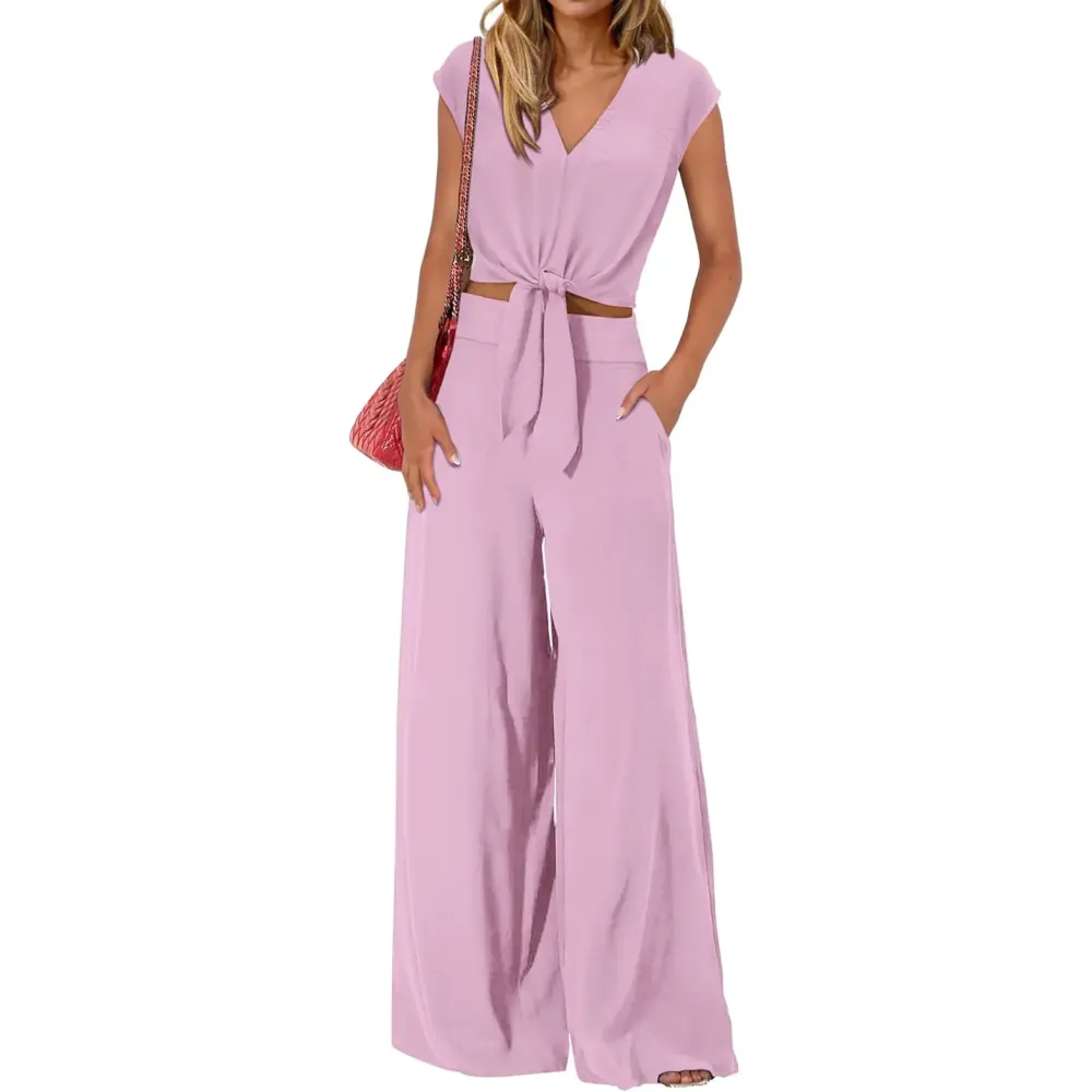 Women's V-Neck Tie Waist Crop Top & Wide Leg Pants 2-Piece Set
