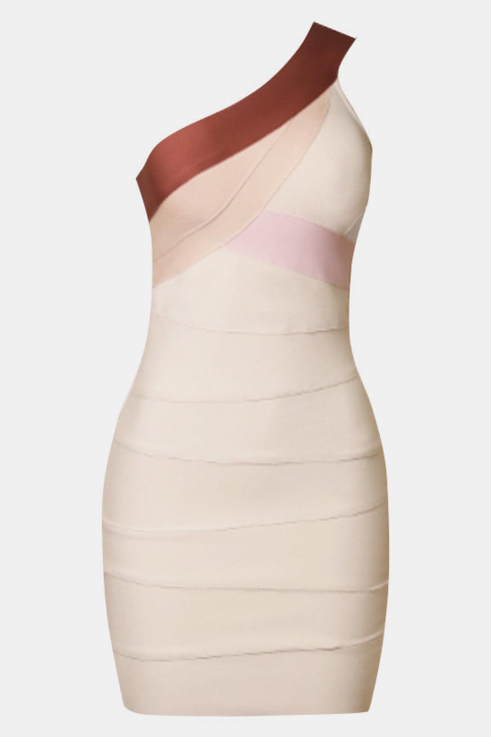 Contrast One-Shoulder Bandage Bodycon Mini Dress