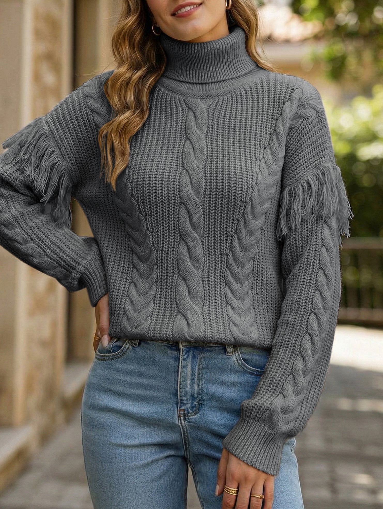 Fringe Cable Knit Collar Pullover Sweater