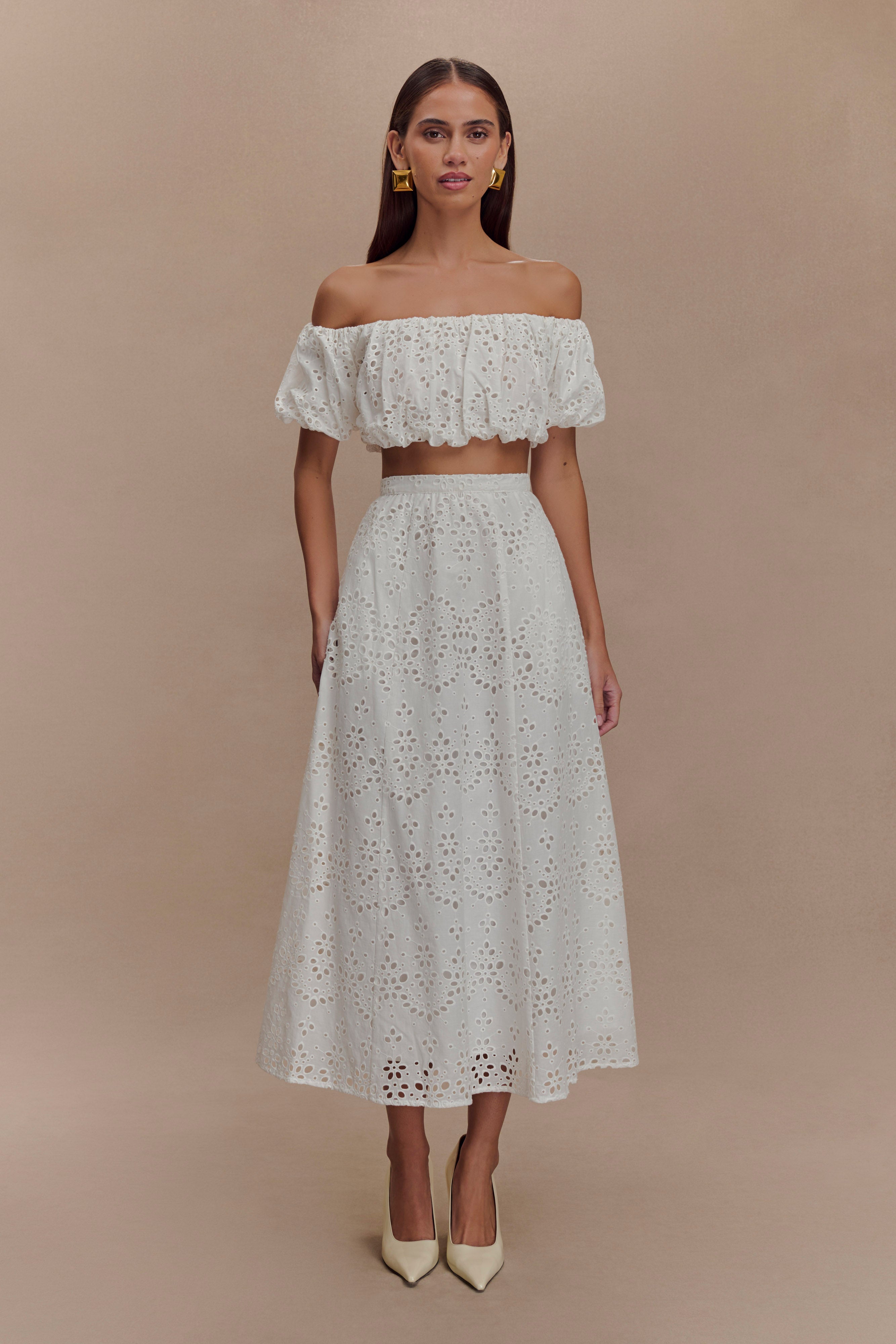 White Off Shoulder Broderie Top