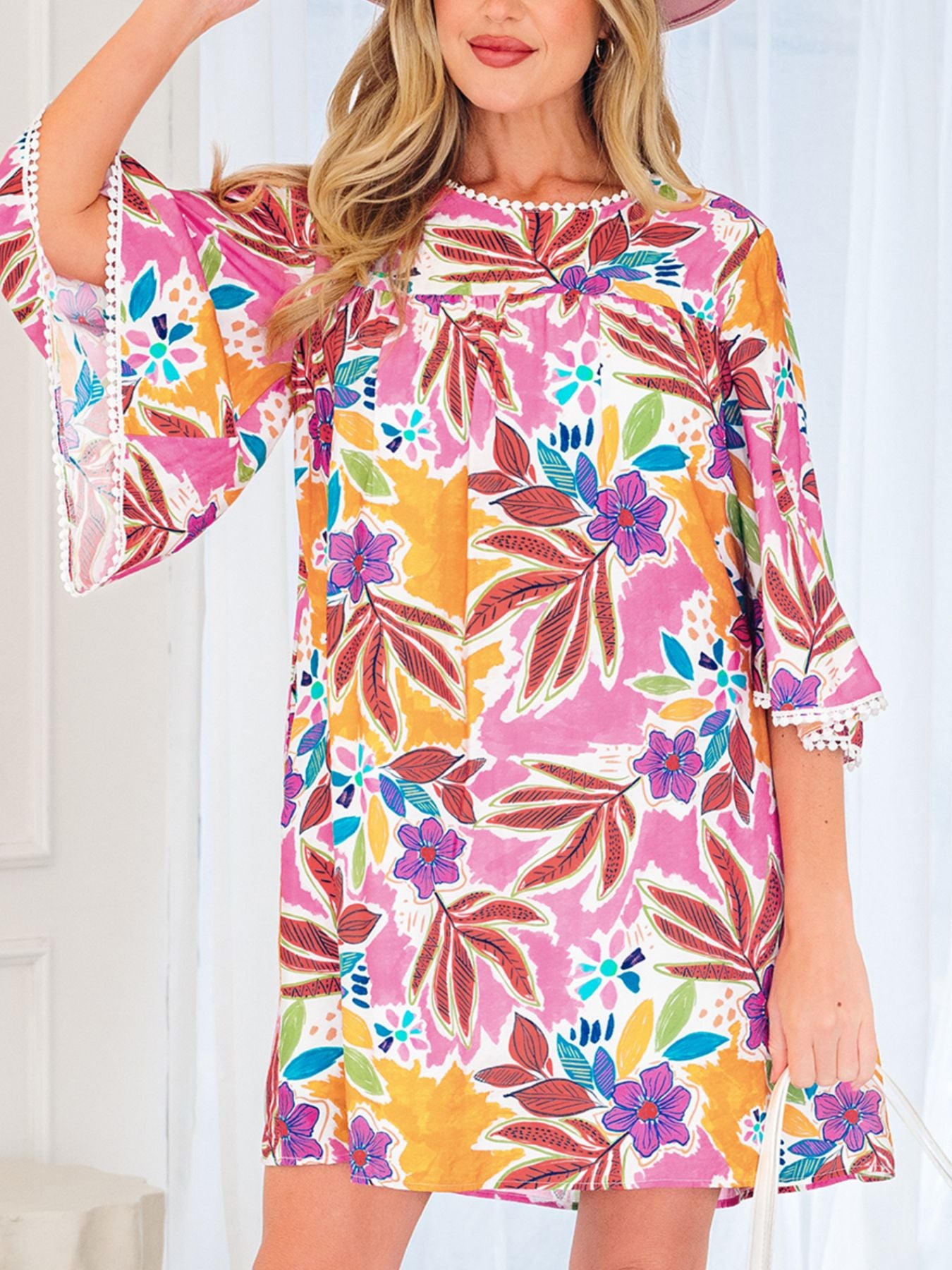 Floral Print Lace Trimmed Tie Back Bell Sleeve Swing Mini Dress