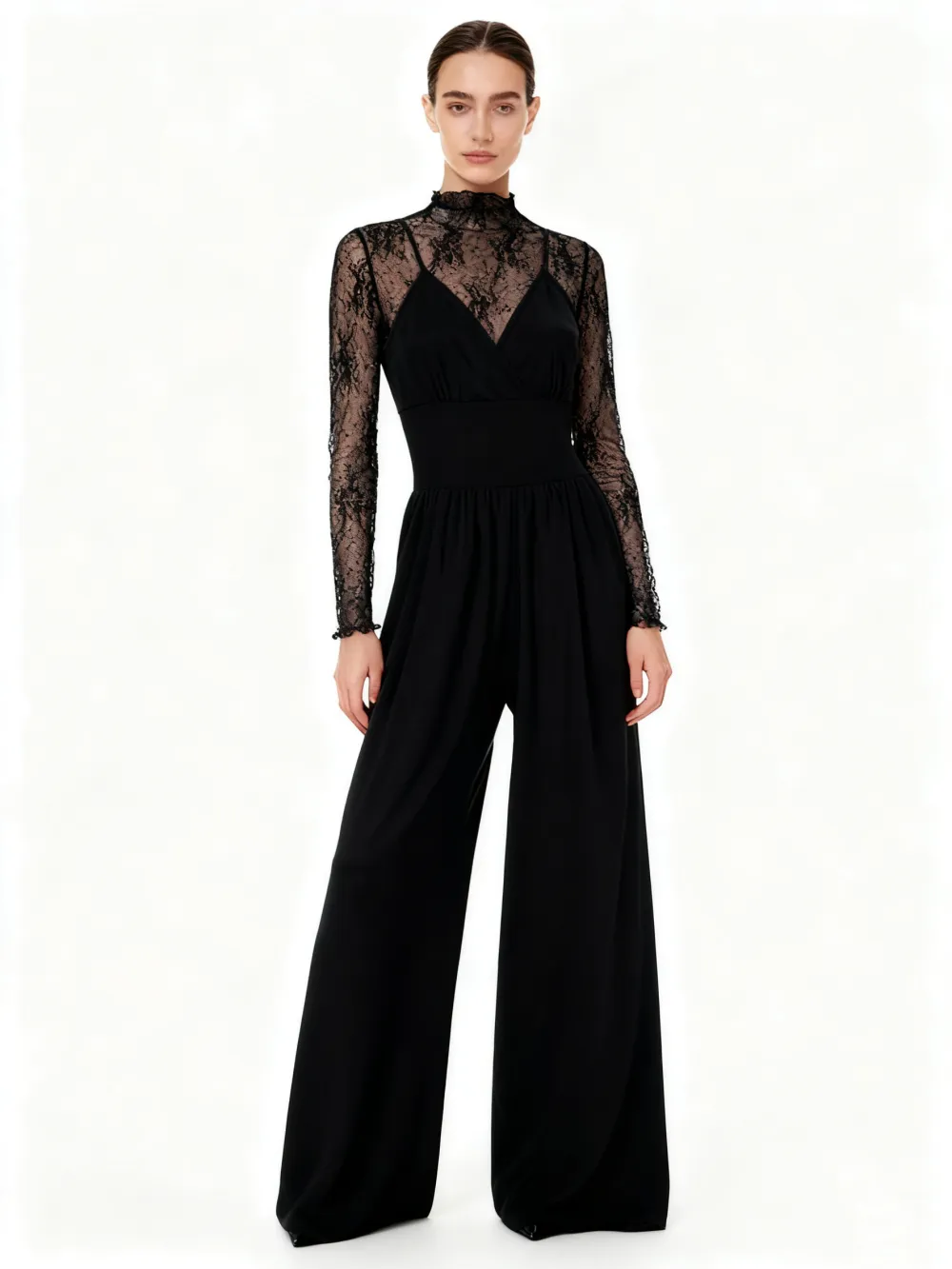 Women's Solid Color Lettuce Trim Mock Neck Sheer Lace Top & Pocket Wide Leg Cami Jumpsuit