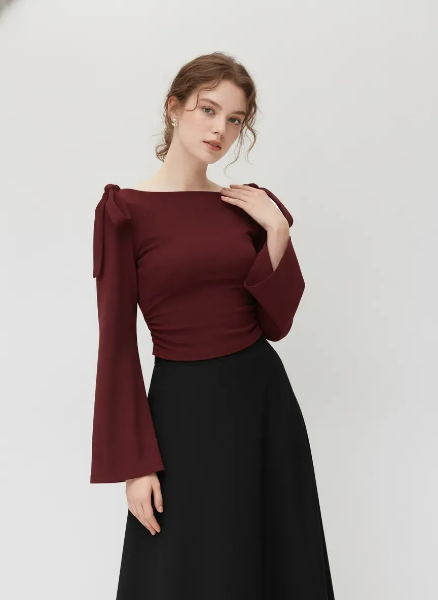 Boat Neck Gingham Bowknot Ruched Long Sleeve Top