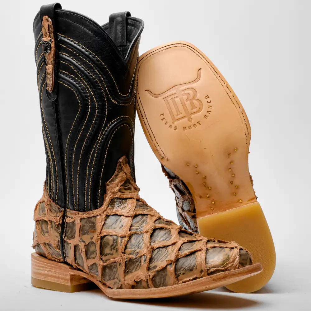 Light Brown Rustic Jumbo Pirarucu Leather Boots - Square Toe