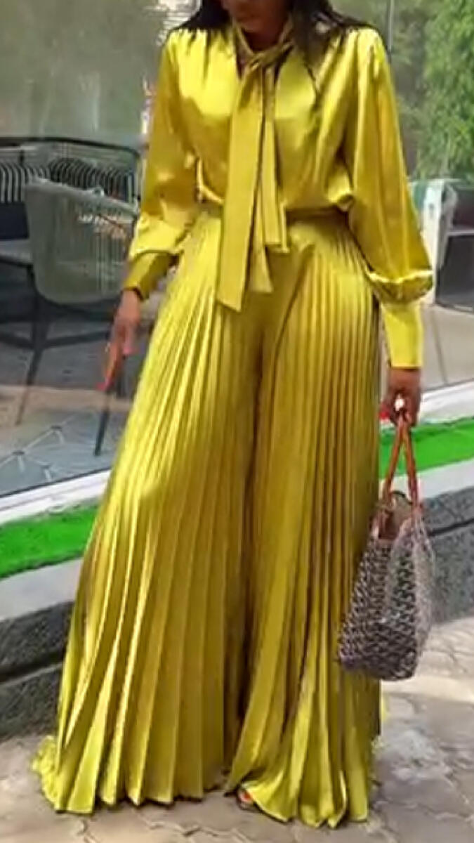 Women Round Neck Top+ Pleated Pants Shiny and Temperament Casual Suit