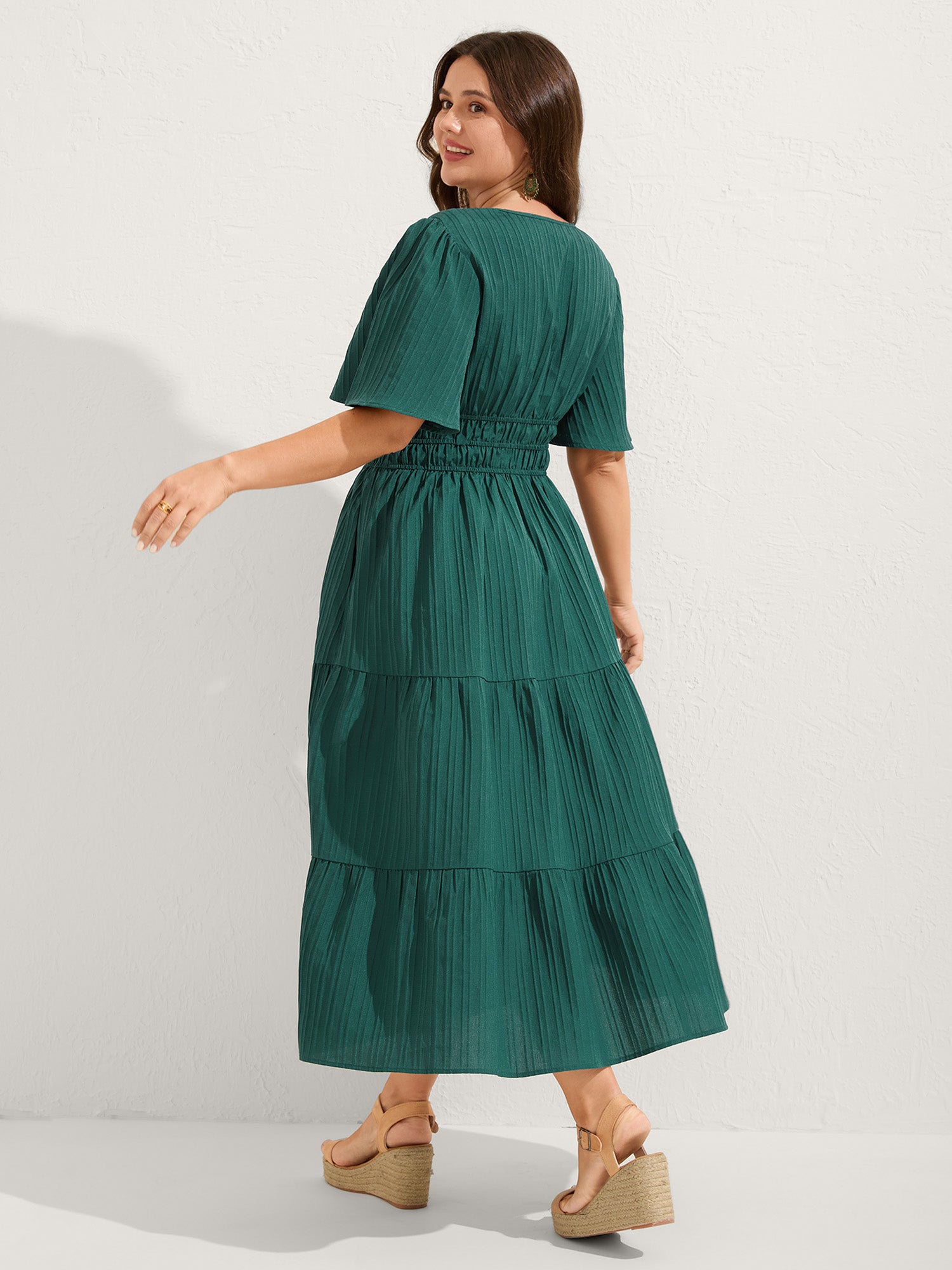 Textured Shirred Cinched Waist Maxi Dress