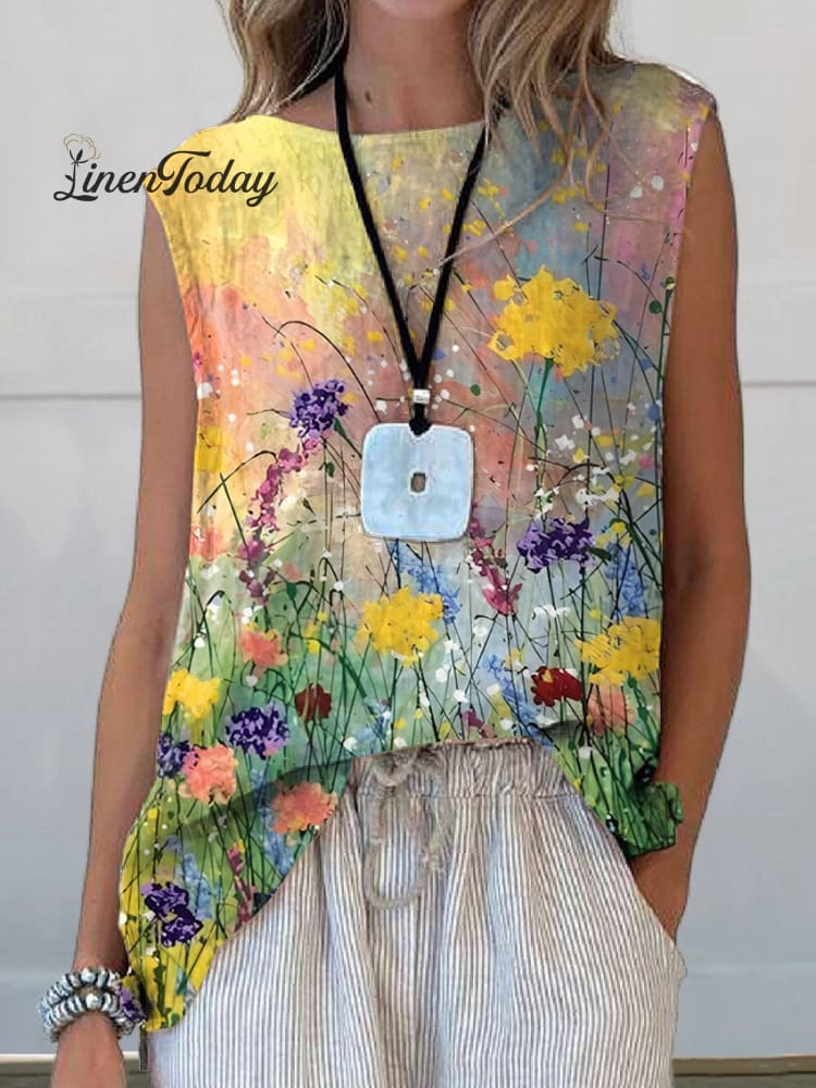 Women's Retro Elegant Floral Art Print Casual Cotton And Linen Tank Top