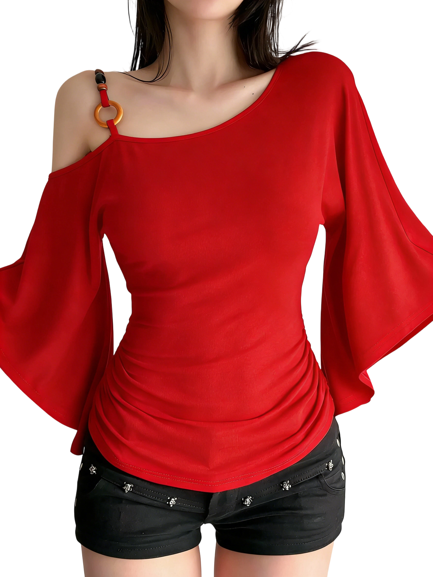 Women’s Retro Ethnic Beaded Asymmetrical Shoulder Flounce Sleeve Flared Top