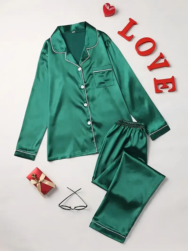 Solid Pajama Set, Long Sleeve Button Up Lapel Top & Pants Pj Set - Women's Sleepwear & Loungewear