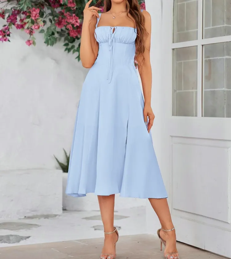 Plus Size Women's Elegant Lace Up Midi Dress – Square Neck, Tie Front