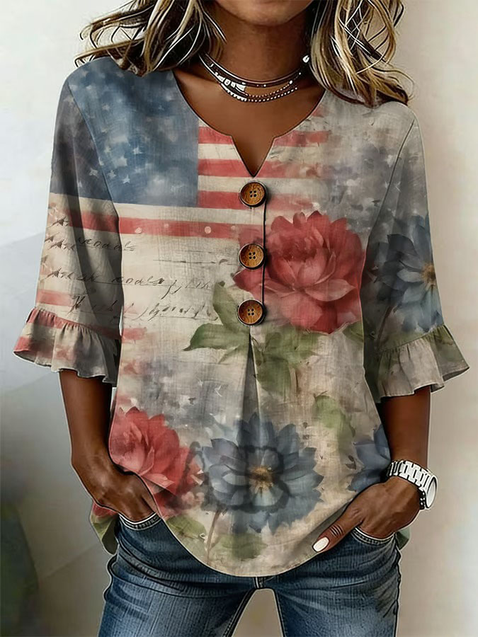 Women'S Independence Day 250Th Anniversary Flag Flower Art Retro Printed Casual Top